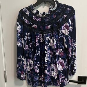 Cupio Navy Floral Crochet Yoke Blouse